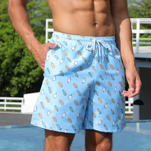 Men's casual printed beach shorts quick-drying loose swim trunks with cute ice cream pattern.