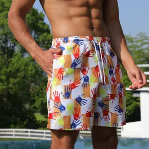 Men's colorful handprint print beach shorts quick dry casual summer swim trunks boardshorts
