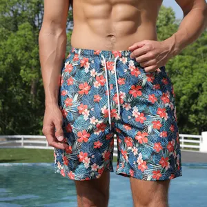 Men's floral print board shorts, quick-dry casual swim trunks with adjustable drawstring.