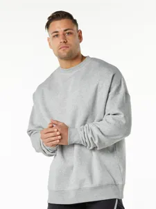 Men's heavy fleece crewneck sweatshirt, casual loose fit solid long sleeve top for autumn.