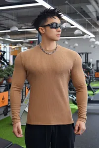 Herren Slim Fit gerippter Langarm Pullover Fitness Sport Oberteil Herbst Winter Mode