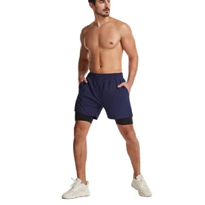Hombres 2 en 1 pantalones cortos deportivos secado rápido running fitness doble capa