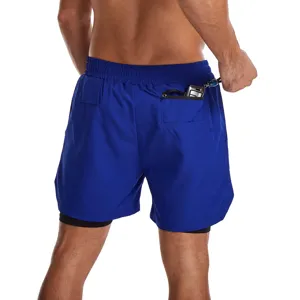 Vista detallada pantalón corto correr hombre 2 en 1 bolsillo trasero cremallera cintura elástica.