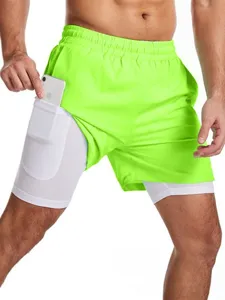 Pantalones cortos de running para hombre 2 en 1 verde neon secado rapido con bolsillo