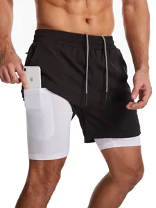 Pantalones cortos de deporte hombre 2 en 1 secado rápido con bolsillo para móvil