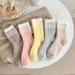 Damen Winter Fleece Gefüttert Wadenhoch Socken Koreanisch Kontrastfarbe Gestreift Slouch Socken Thermische Nylon Socken Warme Strümpfe