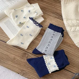 Japanische Retro Blumen Wadenstrümpfe für Damen Herbst Winter süße Rüben Patchwork Socken
