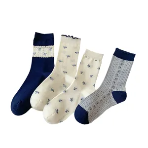 Japanische Vintage Blumen Damen Wadenstrümpfe süße Rüschenkante Baumwolle Socken Set