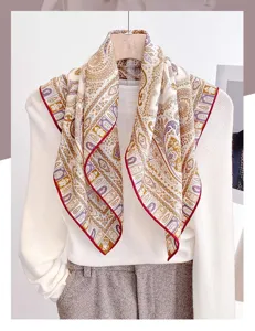 Silk wool square scarf with paisley print and red border, ideal for autumn winter daily wear.