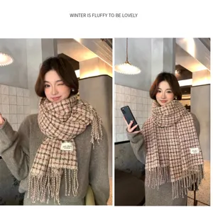Korean style thick plaid tassel scarf for women warm cozy winter fashion neckerchief shawl