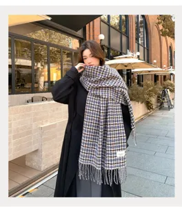Cozy winter plaid fringe scarf for women, stylish thick warm checkered shawl wrap daily wear.