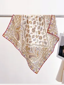 Elegant women silk wool square scarf featuring classic paisley pattern and chic red border.