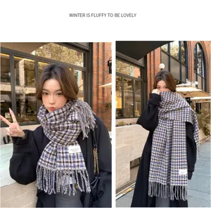 Korean style winter plaid tassel scarf thick warm couple fashion cozy neck wrap