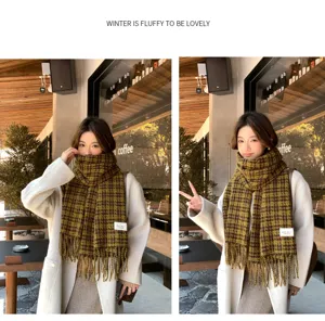 Korean style plaid tassel scarf, thick warm winter shawl, cozy couple fashion neck warmer.