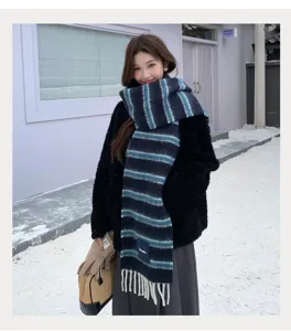 Korean style striped wool blend winter scarf, cozy warm neck warmer detail showcase.