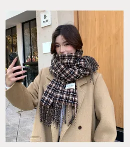 Korean style winter warm plaid scarf for women, thick cozy tassel wrap, stylish couple accessory