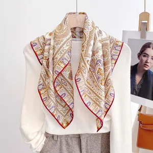 Women Silk Wool Scarf Square Neckerchief Paisley Floral Printed Autumn Winter Fashion Neck Protection Shawl