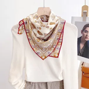 Silk wool square scarf vintage floral neckerchief elegant autumn winter accessory for women 65cm