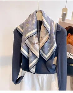 Elegant blue horse and carriage print silk wool square scarf for women, classic design.