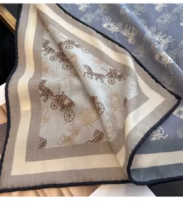 Silk wool scarf detail featuring classic carriage pattern, double sided color design square wrap.