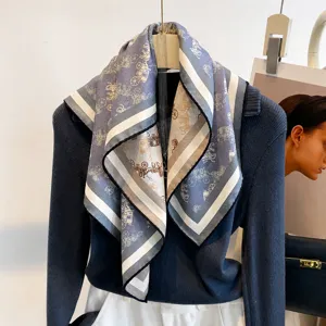 Dames Zijde Wol Vierkante Sjaal Vintage Koets Print Tweekleurig Nek Sjaal Mode Zachte Sjaal Wrap Voor Herfst Winter