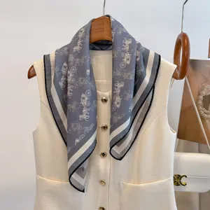 Luxury silk wool square scarf for women, elegant blue carriage print neckerchief winter shawl.
