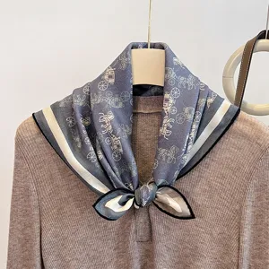 Elegant silk wool square scarf for women, horse carriage print, stylish neckerchief.