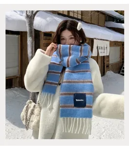Cozy knit wool-blend winter scarf detail showcasing blue-brown stripes and fringe trim.