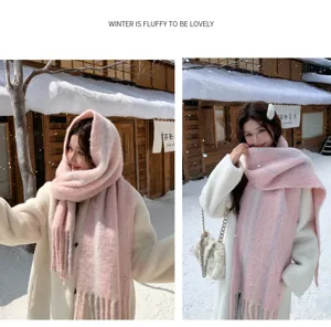 Korean fashion winter warm fluffy scarf for women, cozy pink gradient design, soft neck warmer.
