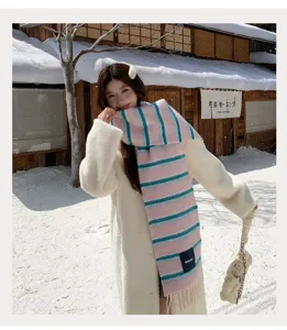 Korean style pink and blue striped wool blend scarf for women, cozy winter warm fashion neck wrap.