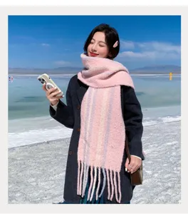 Chic winter scarf detail shot, cozy knit texture and stylish fringes for cold weather styling.