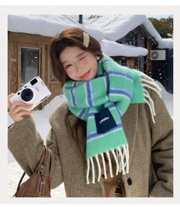 Close-up view of the cozy winter green and blue striped wool scarf detail in snow scene.