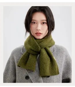 Close-up detail of a stylish green knit scarf worn by a model, cozy winter accessory.