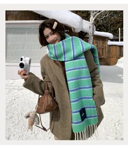 Korean style green striped winter warm wool blend scarf with fringe for women casual daily wear