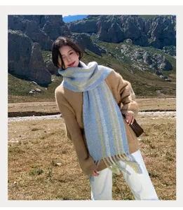 Details of the Korean style autumn winter warm striped scarf for women, elegant neck scarf.