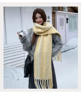 Korean style winter warm thick striped scarf for women, cozy and stylish neck warmer.
