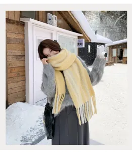 Korean fashion winter warm fluffy striped scarf with tassels, soft and cozy neckwear.