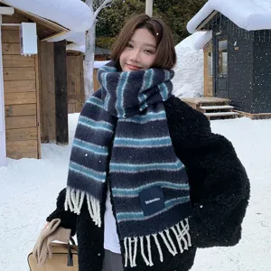 Korean Style Striped Wool Blend Scarf For Women Autumn Winter Warm Casual Versatile Long Tassel Shawl Neckwear