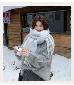 Korean style fluffy winter warm scarf for women, soft striped neck warmer for cold weather.