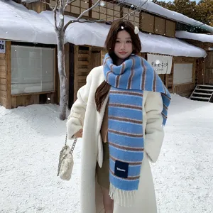 Korean style winter wool blended striped scarf for women casual warm cozy neck warmer