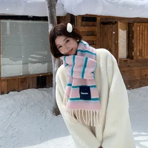 Korean style pink blue striped wool blend scarf for women, warm winter fashion casual neck warmer.