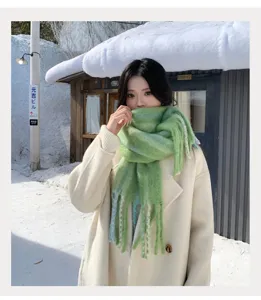 Detailed view of a cozy fluffy winter green scarf in a snowy outdoor scene, soft texture.