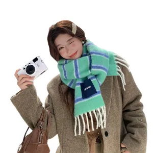 Korean style striped wool blend winter scarf for women, cozy and stylish daily apparel.