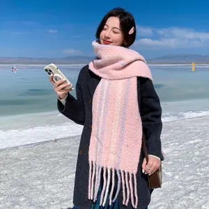 Korean style pink striped warm knit scarf for women, soft winter fashion neck warmer.