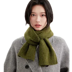 Women autumn winter olive green knitted scarf worn by model for cold weather daily wear
