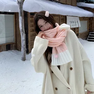 Korean style thick warm knitted winter scarf, vintage pink and white twist pattern muffler.