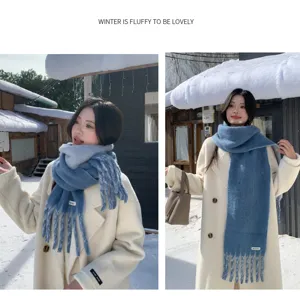 Women wool blend winter scarf cozy warm soft fringe shawl stylish cold weather accessory