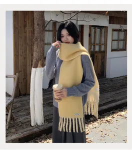 Elegant warm wool blend scarf for women, autumn winter cozy tassel shawl, anti-cold neck warmer.