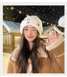 Korean style winter warm white knitted beanie hat for women, soft fuzzy plush cute trendy headwear