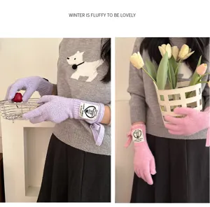 Korean style cute letter-patched lace-up knit touchscreen split-finger gloves detail view